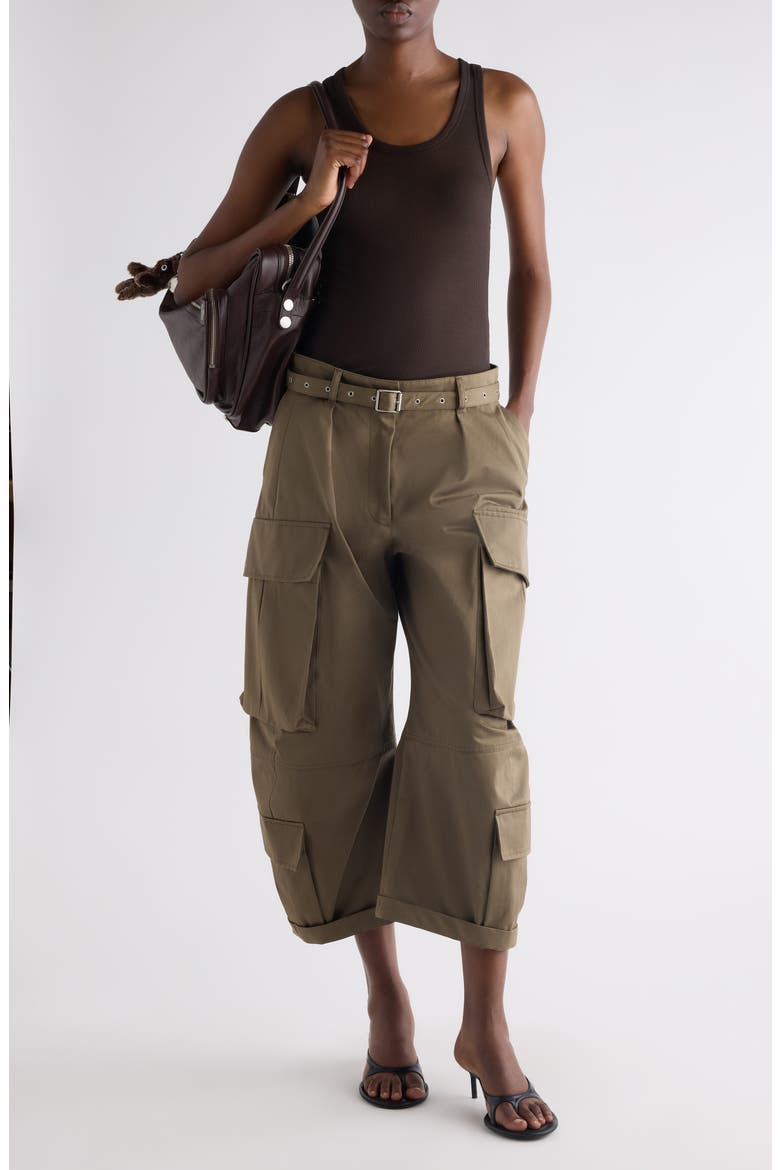 Belted Cotton Twill Barrel Leg Cargo Trousers, Alternate, color, KHAKI GREEN