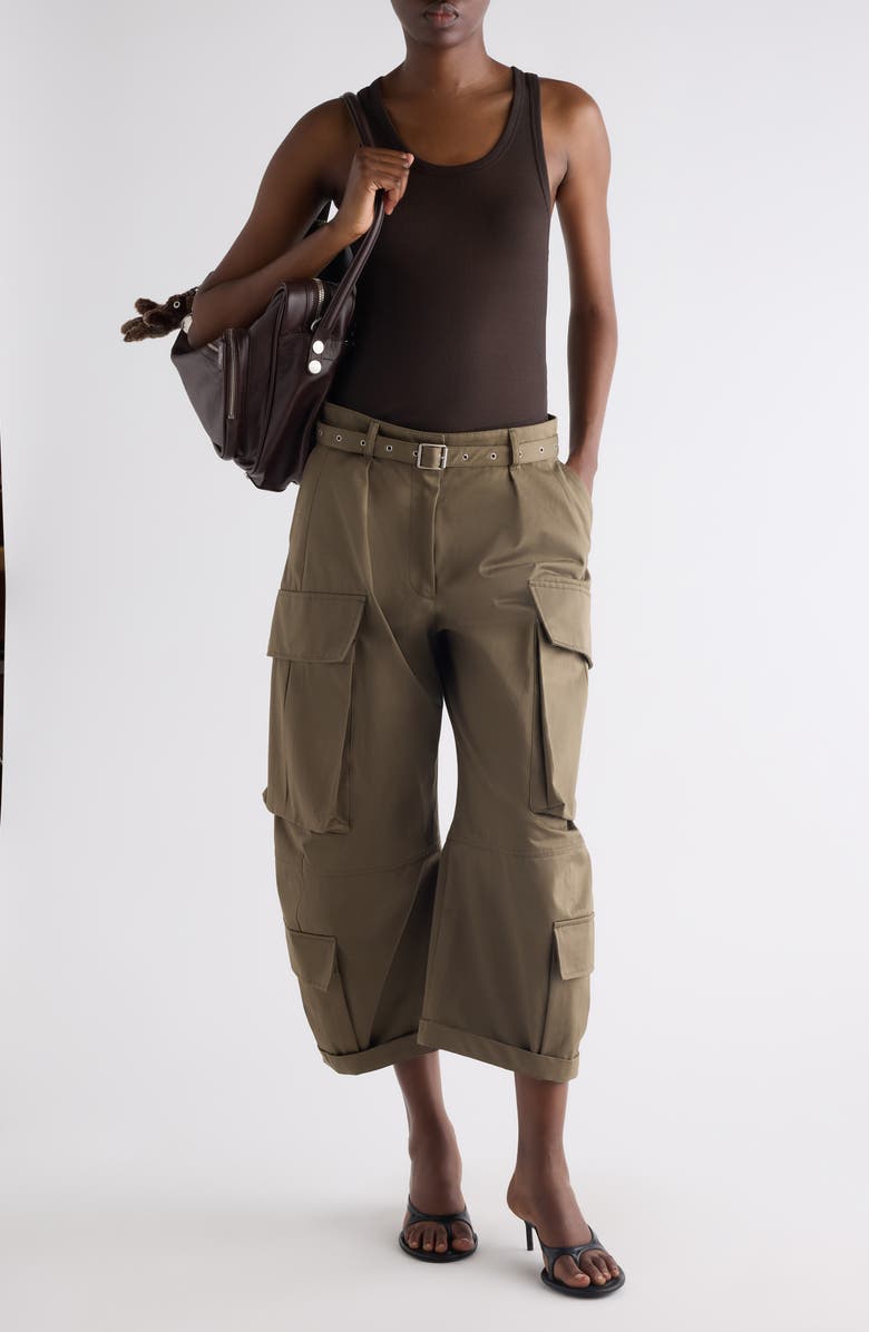 Acne Studios Belted Cotton Twill Barrel Leg Cargo Trousers, Alternate, color, Khaki Green