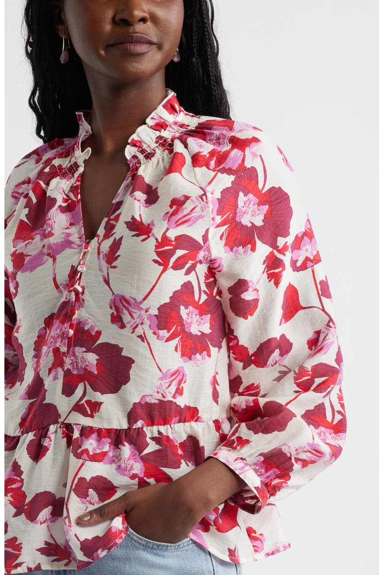 Floral Print Peplum Blouse, Alternate, color, IVORY- RED BLOOMING COSMOS