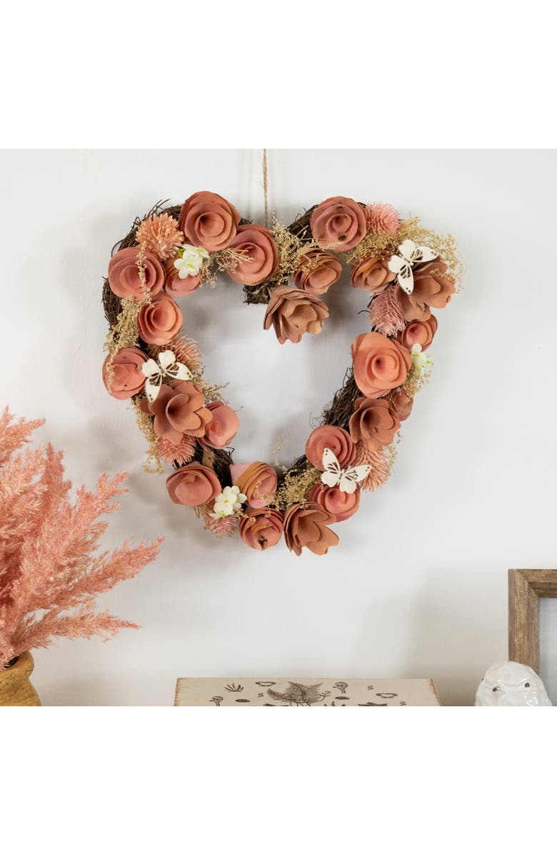 Northlight 10" Pink Wooden Rose Heart Spring Wreath with Butterflies, Alternate, color, Pink
