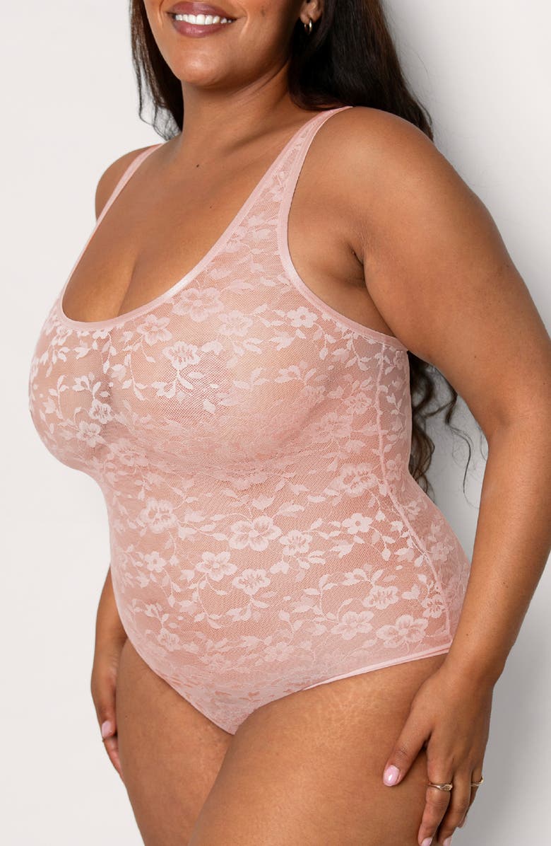 Curvy Couture No-Show Lace Bodysuit, Alternate, color, Blushing Rose
