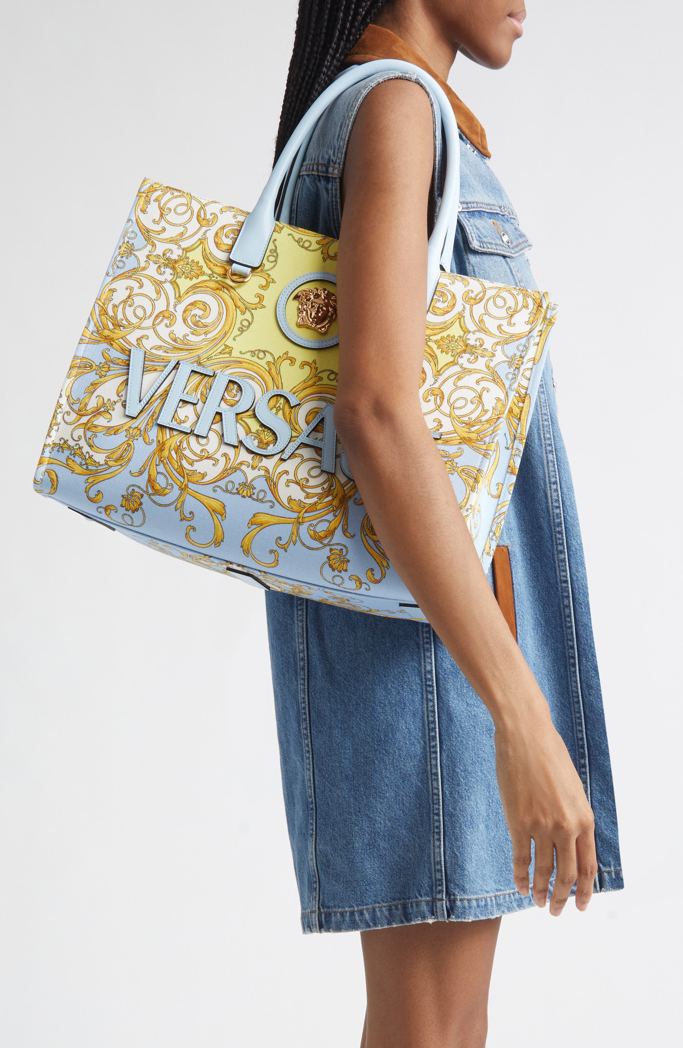 Versace Large La Medusa Print Canvas Tote, Alternate, color, Pastel Blue Gold