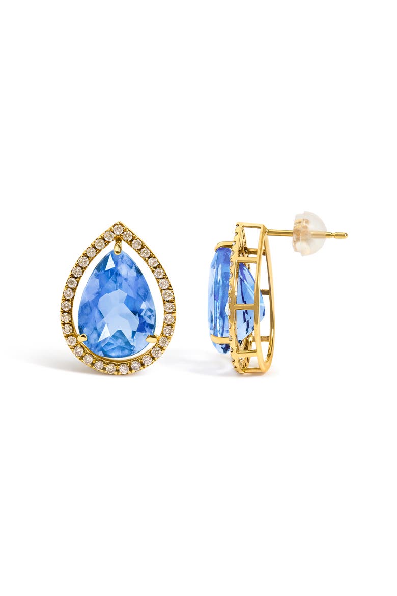 18K Yellow Gold 9x13 MM Blue Flourite Pear Halo Stud Earrings 1/2 Cttw Diamond, Alternate, color, Yellow Gold