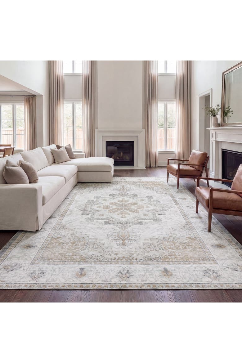 Eleanor Vintage Medallion Border Non-Slip Machine-Washable Cream/Terra 5 ft. x 8 ft. Area Rug, Alternate, color, Cream/Beige
