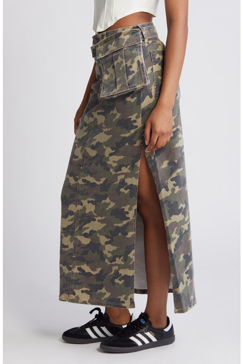 Camo Cargo Denim Maxi Skirt, Alternate, color, OLIVE