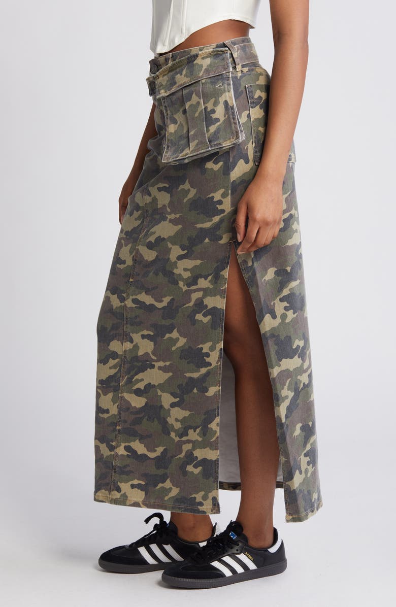 HIDDEN JEANS Camo Cargo Denim Maxi Skirt, Alternate, color, Olive