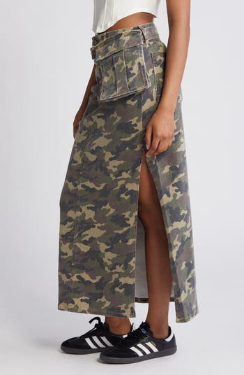 Camo Cargo Denim Maxi Skirt