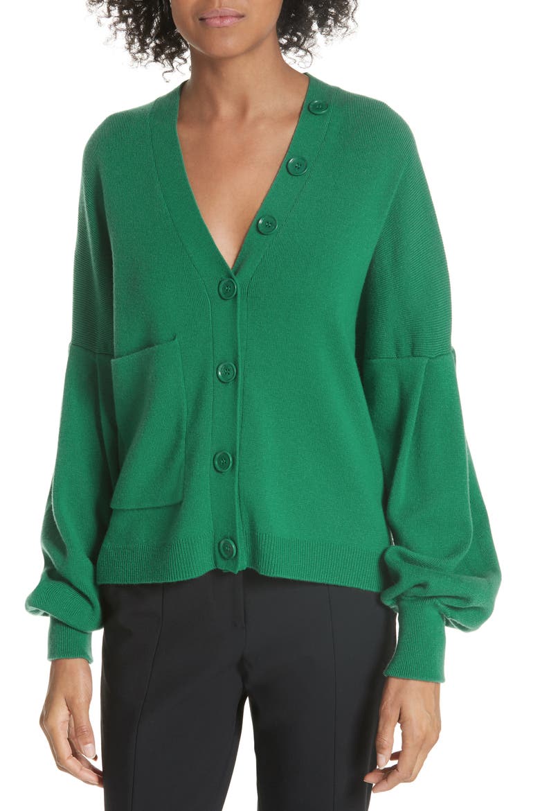 Pleated Sleeve Cardigan, Main, color, GREEN