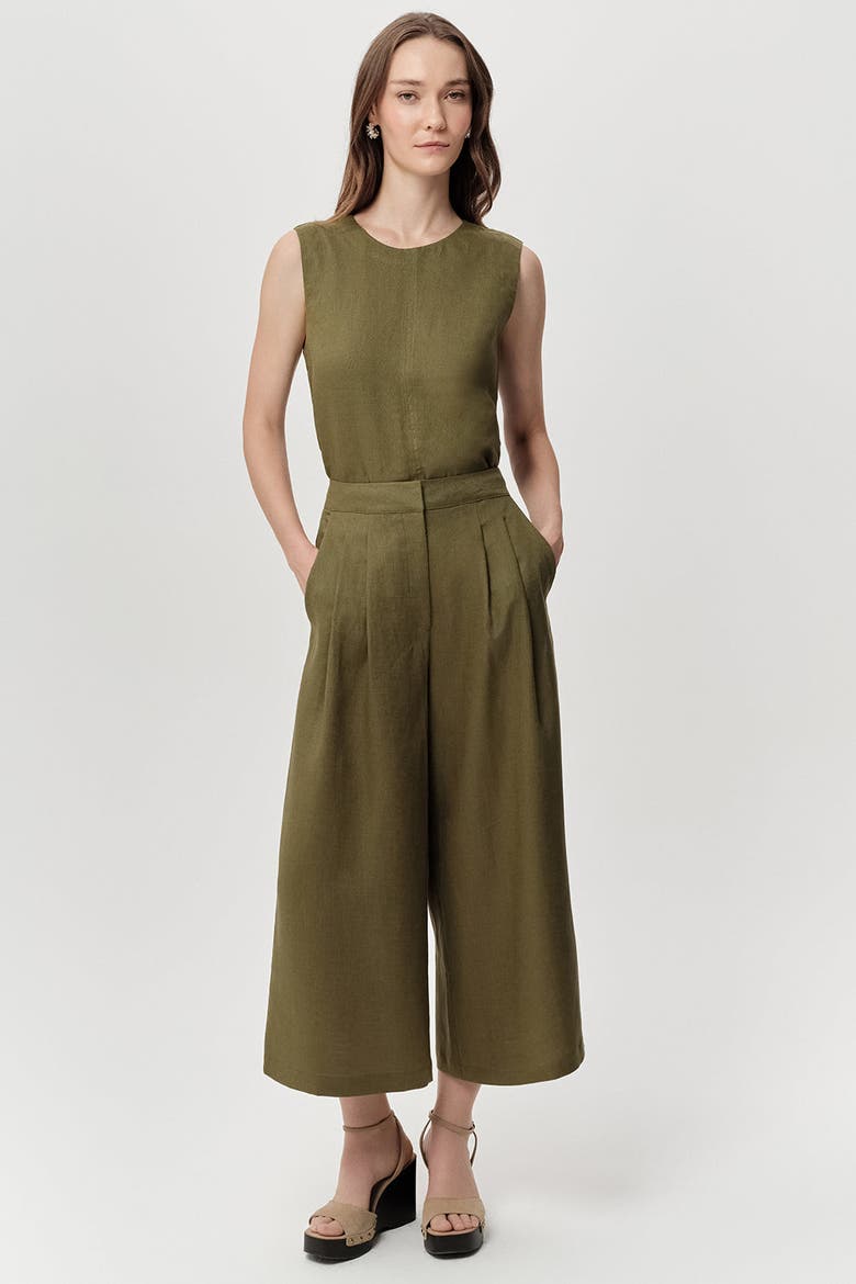 Owen Pocket Zipper Culotte Linen Pants, Alternate, color, Khaki