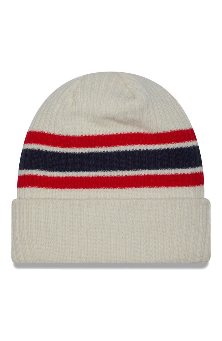 New Era Men's New Era Cream New England Patriots Team Stripe Cuffed Knit Hat, Alternate, color, 