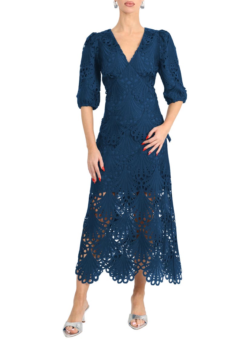 Kinsley Puff Sleeve Lace Midi Dress, Alternate, color, TEAL