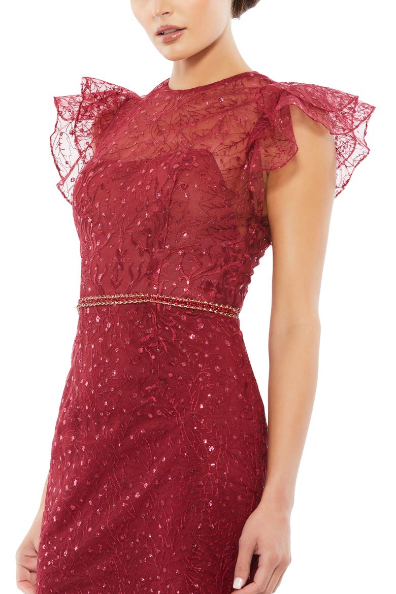 Embroidered Ruffle Sleeve Tulle Trumpet Gown, Alternate, color, DEEP RED