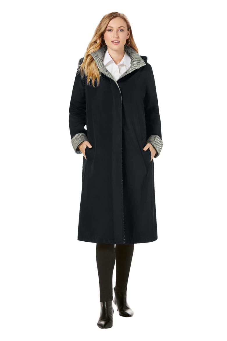 Contrast Hood Raincoat, Main, color, BLACK IVORY GLEN PLAID