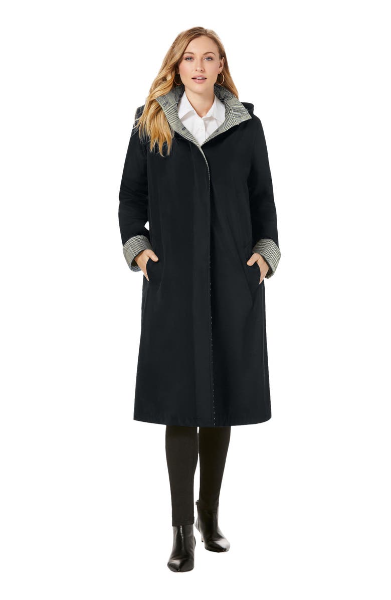 Jessica London Contrast Hood Raincoat, Main, color, Black Ivory Glen Plaid