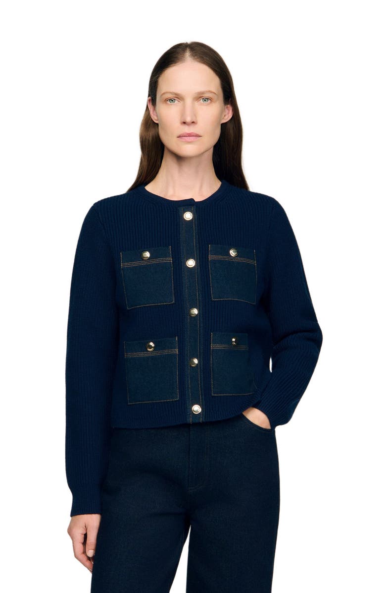 SANDRO Denim detail rib knit cardigan, Main, color, Navy Blue