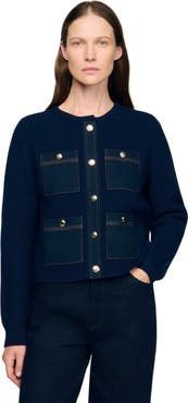 SANDRO Denim detail rib knit cardigan