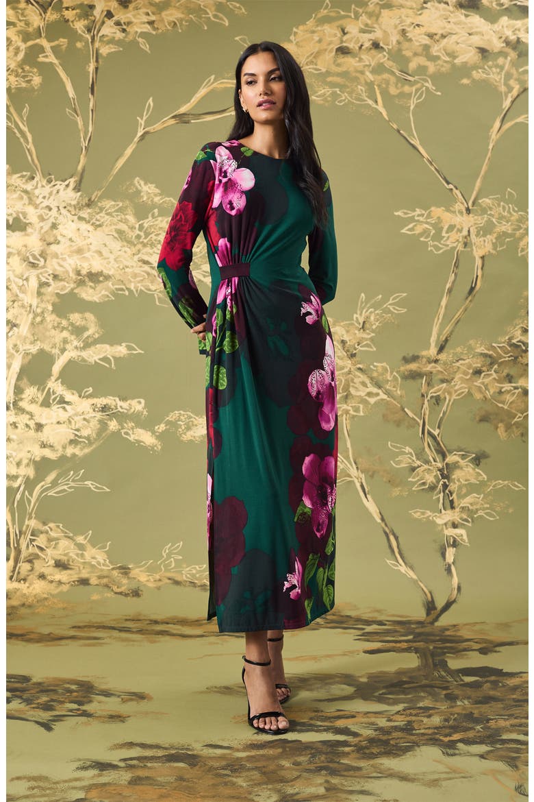 Floral Print Long Sleeve Maxi Dress, Alternate, color, NAVY/ FLAME