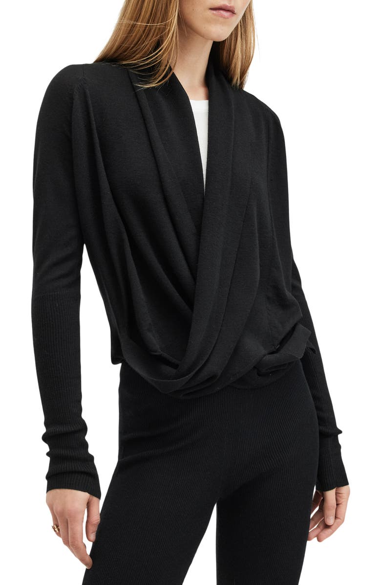 AllSaints Wasson Pirate Wrap Merino Wool Cardigan, Main, color, Black