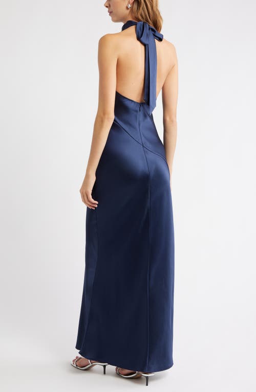 Open Edit Sleeveless Satin Halter Dress In Blue