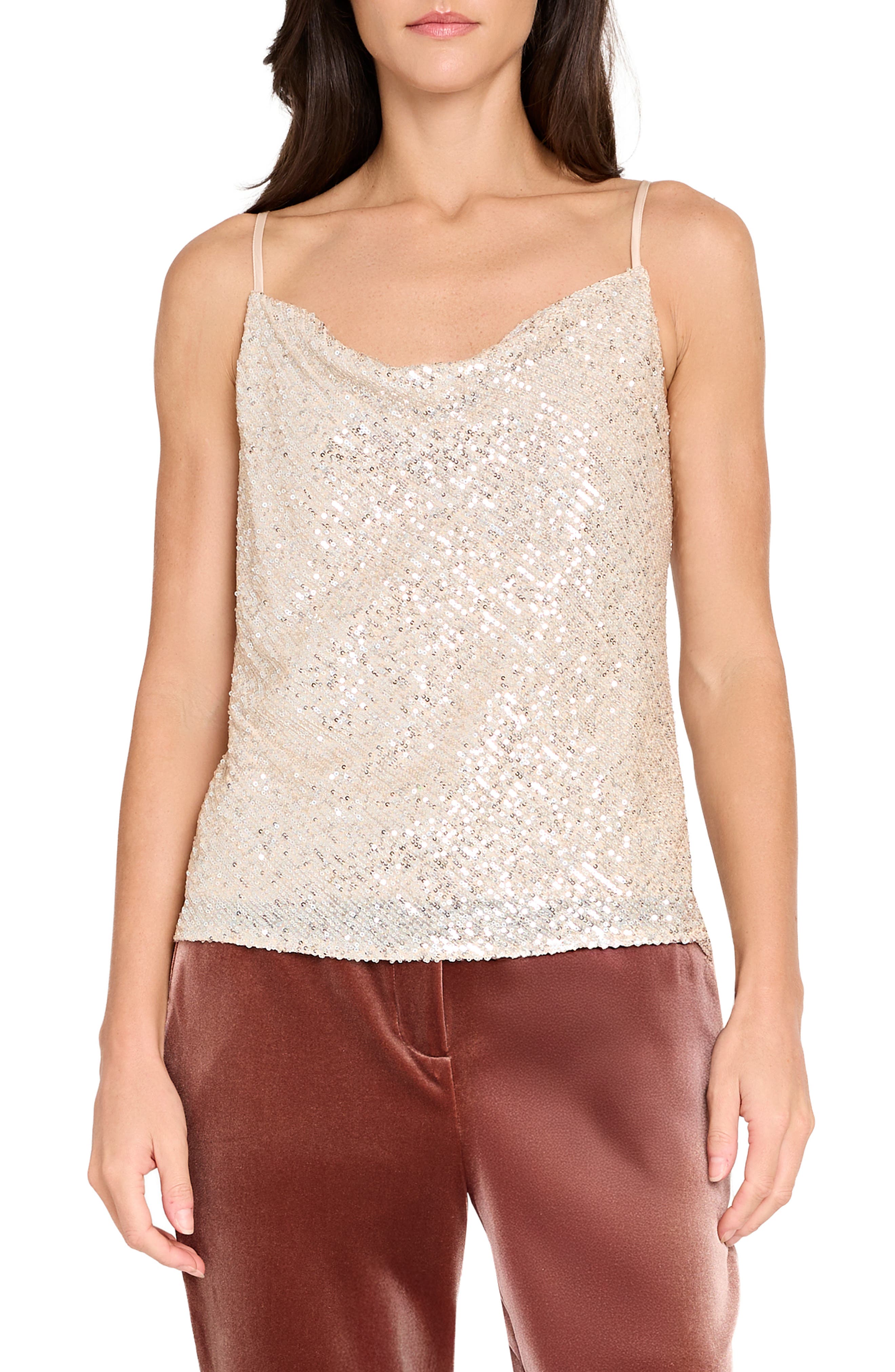 Tahari ASL Sequin Cowl Neck Camisole in Light Beige Silver 