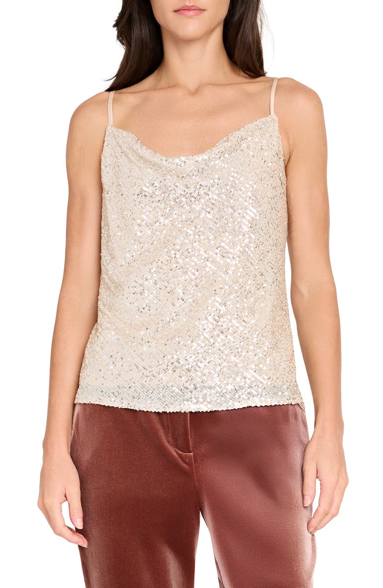 Tahari ASL Sequin Cowl Neck Camisole, Main, color, Light Beige Silver