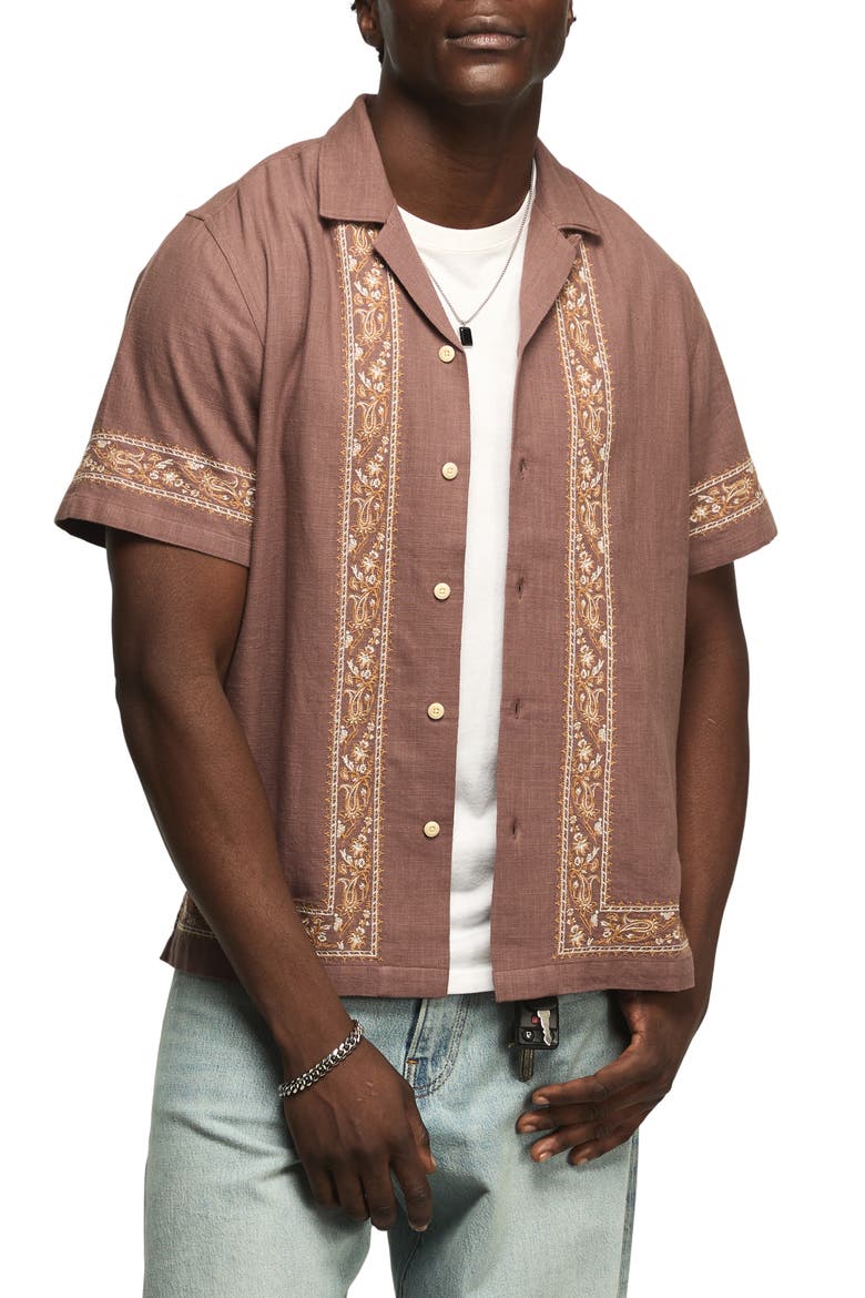 Embroidered Cotton Blend Camp Shirt, Main, color, BROWN MULTI