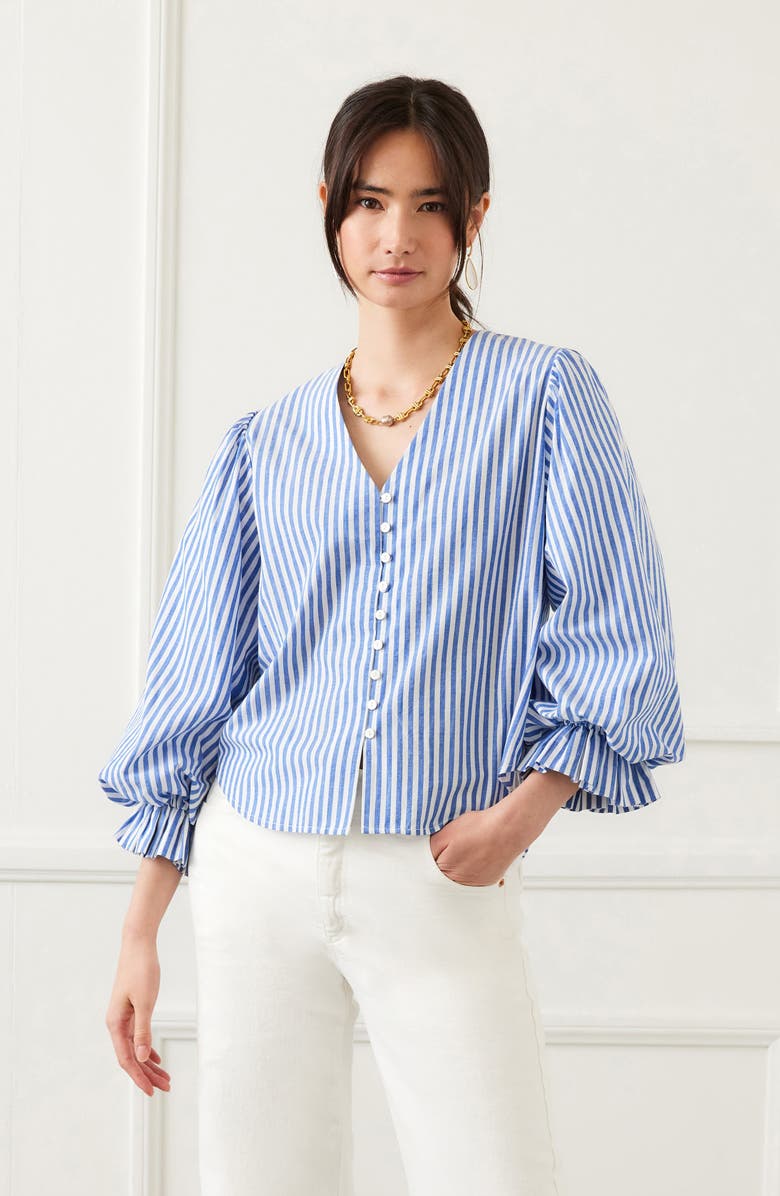 Karen Kane Stripe Ruffle Cuff Cotton Button-Up Top, Alternate, color, Blue Multi