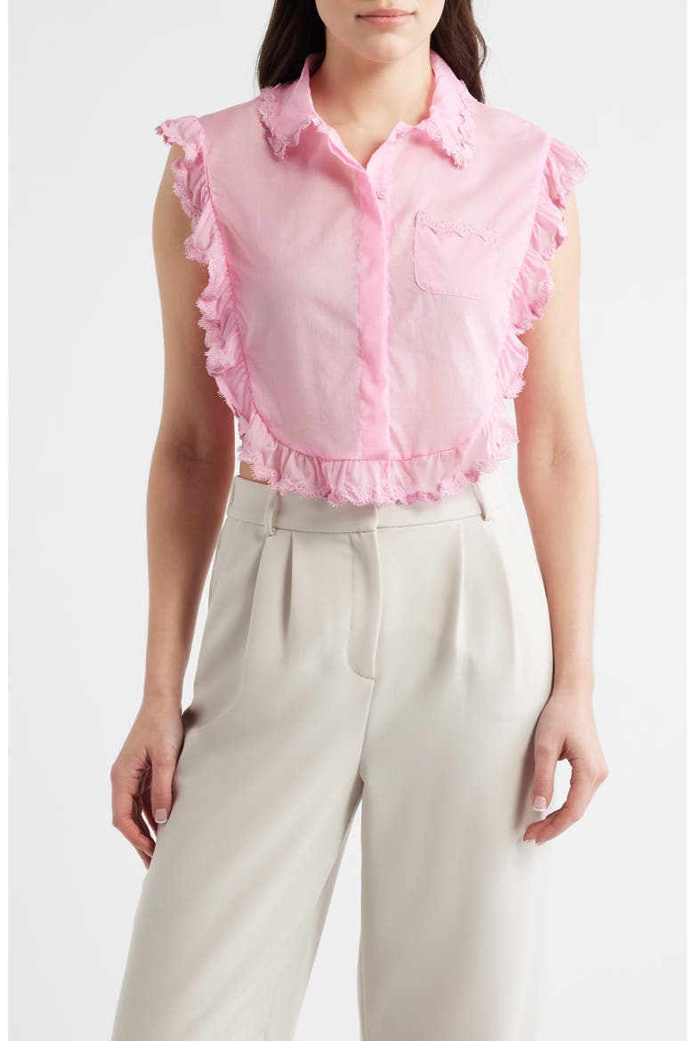 Insua Frill Detail Sleeveless Cotton Voile Button-Up Shirt, Main, color, PINK