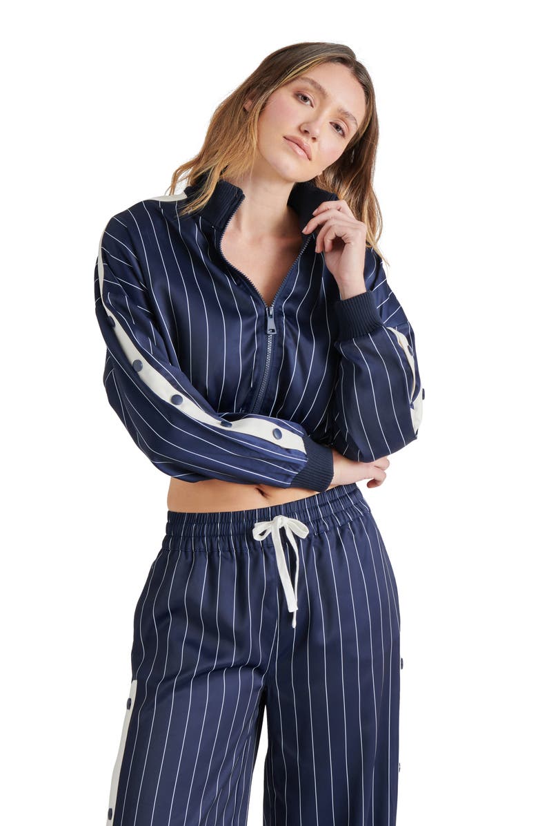 Steve Madden Beckham Pinstripe Crop Satin Jacket, Alternate, color, Navy
