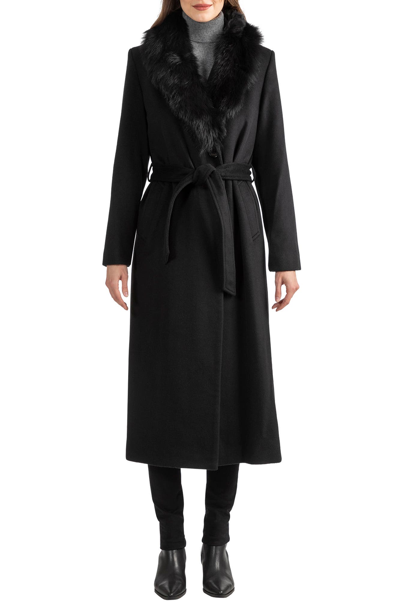 Sofia Cashmere Toscana Genuine Shearling Collar Wool Blend Coat