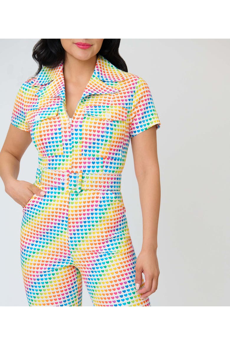 Retro Flare Jumpsuit, Alternate, color, Yellow Rainbow Heart Print