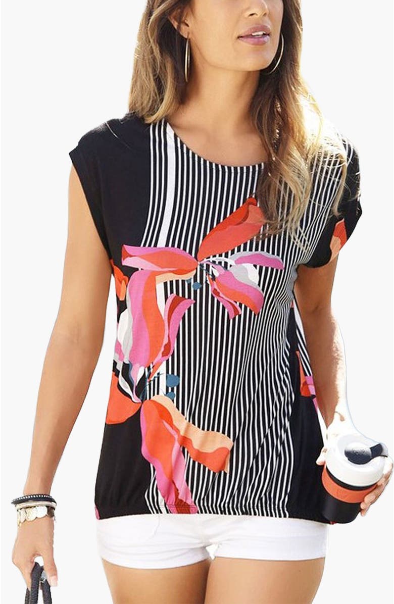 LASCANA Women's Allover Mix Print Top, Main, color, Black Multi