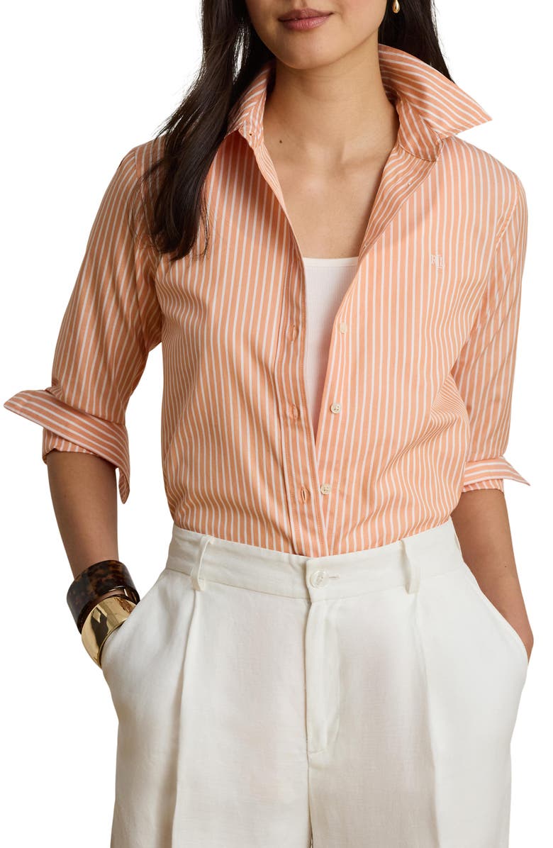 Lauren Ralph Lauren Stripe Cotton Broadcloth Button-Up Shirt, Main, color, Orange/ White