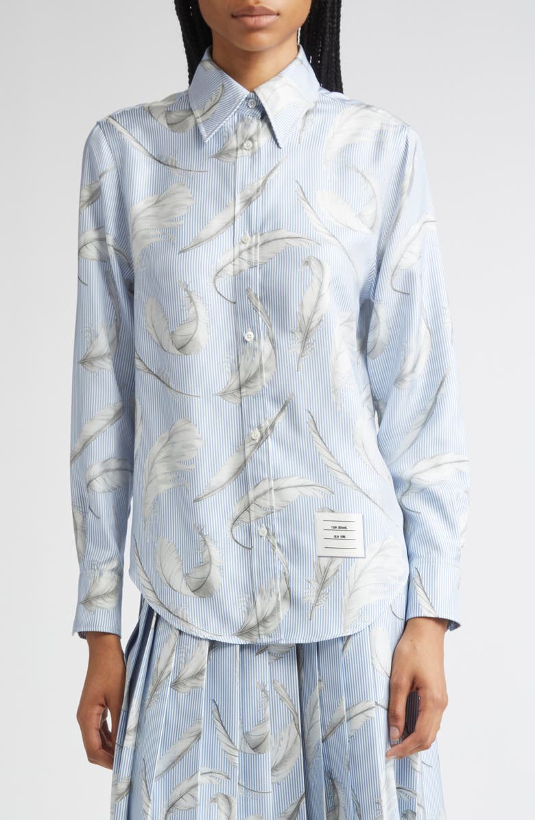 Thom Browne Feather Print Stripe Silk Button-Up Shirt, Main, color, Light Blue