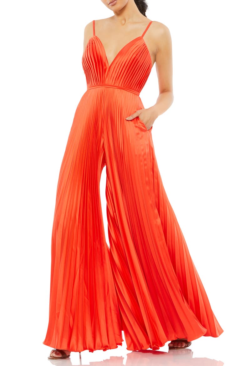 Pleated Plunge Neck Wide Leg Jumpsuit, Main, color, TANGERINE