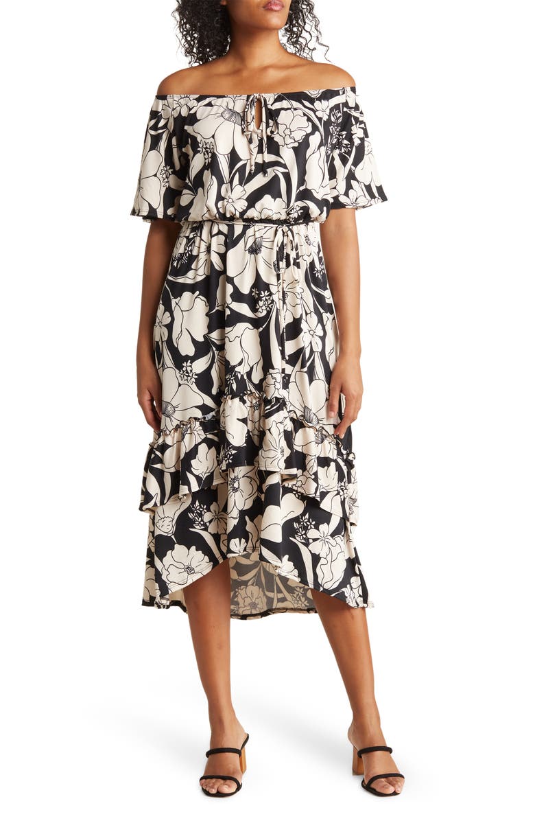 Velvet Torch Off-Shoulder Floral Print Tiered Midi Dress, Main, color, 