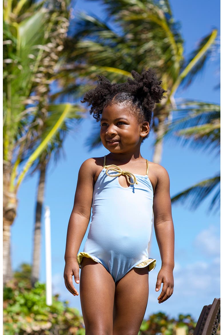 Keyhole Neckline with Bronze Tie and Ruffles One-Piece Swimsuit, Alternate, color, Blue