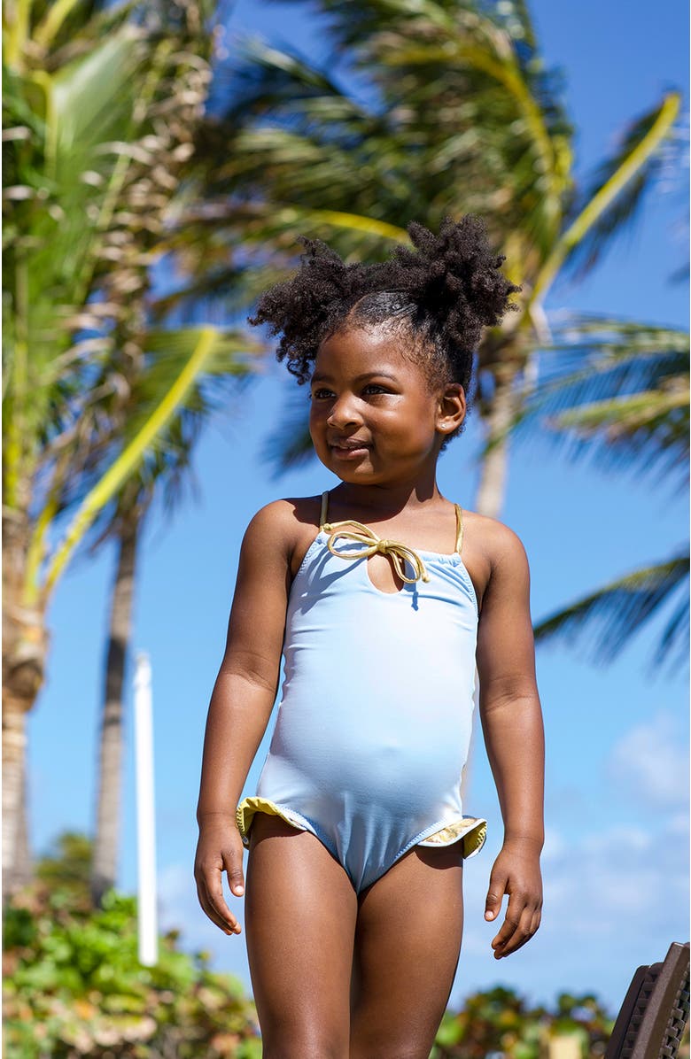 NESSI BYRD Keyhole Neckline with Bronze Tie and Ruffles One-Piece Swimsuit, Alternate, color, Blue