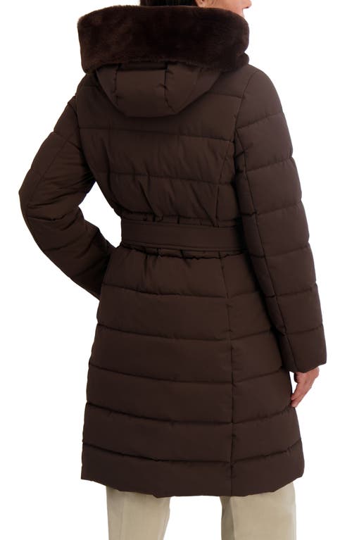 Tahari Vic Belted Longline Coat With Faux Fur Trim Hood In Brown