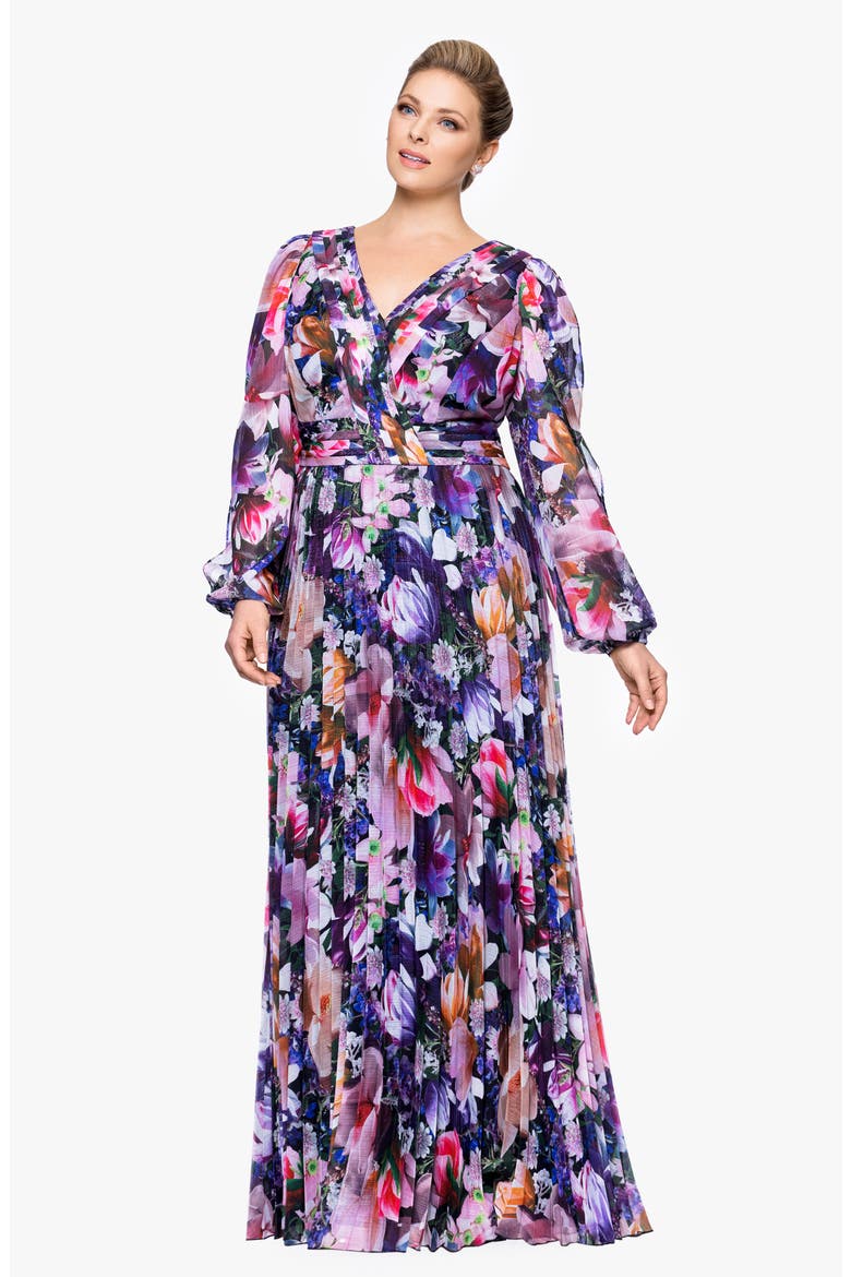 Metallic Floral Pleated Long Sleeve Gown, Alternate, color, PURPLE MULTI