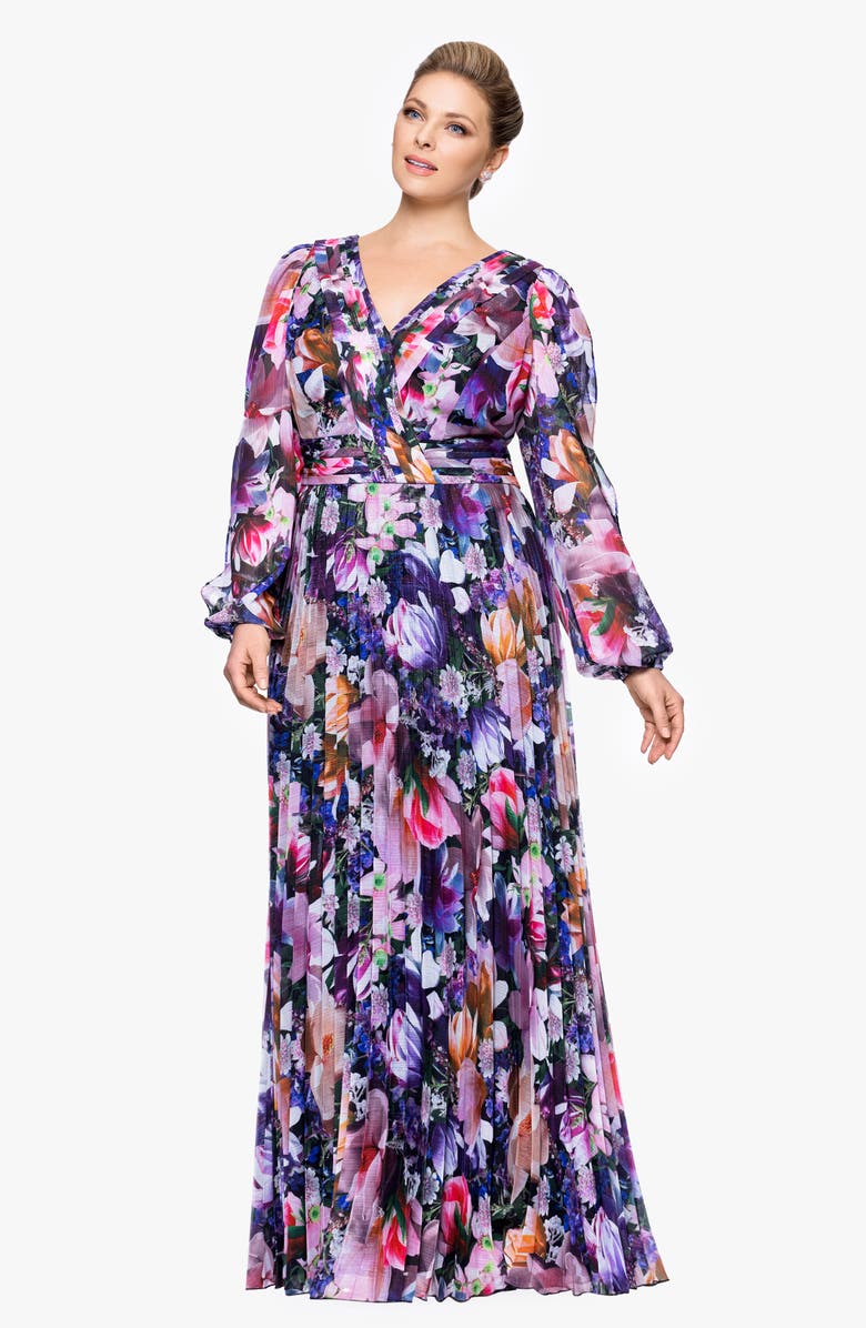 Betsy & Adam Metallic Floral Pleated Long Sleeve Gown, Alternate, color, Purple Multi