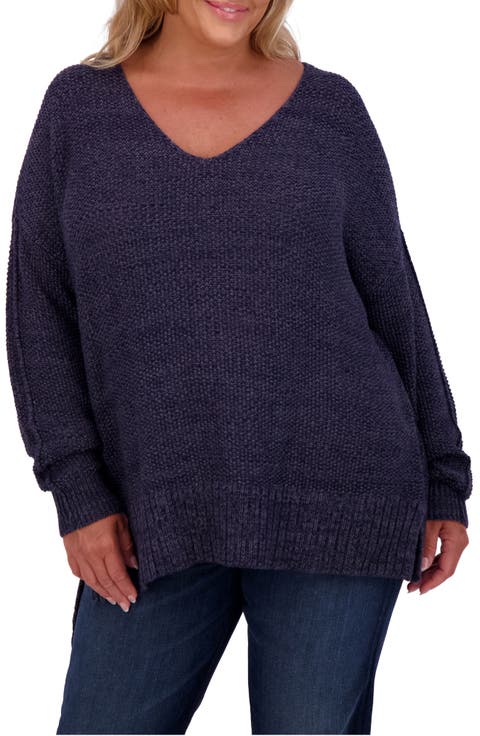 V-Neck Textured Knit Sweater (Plus)