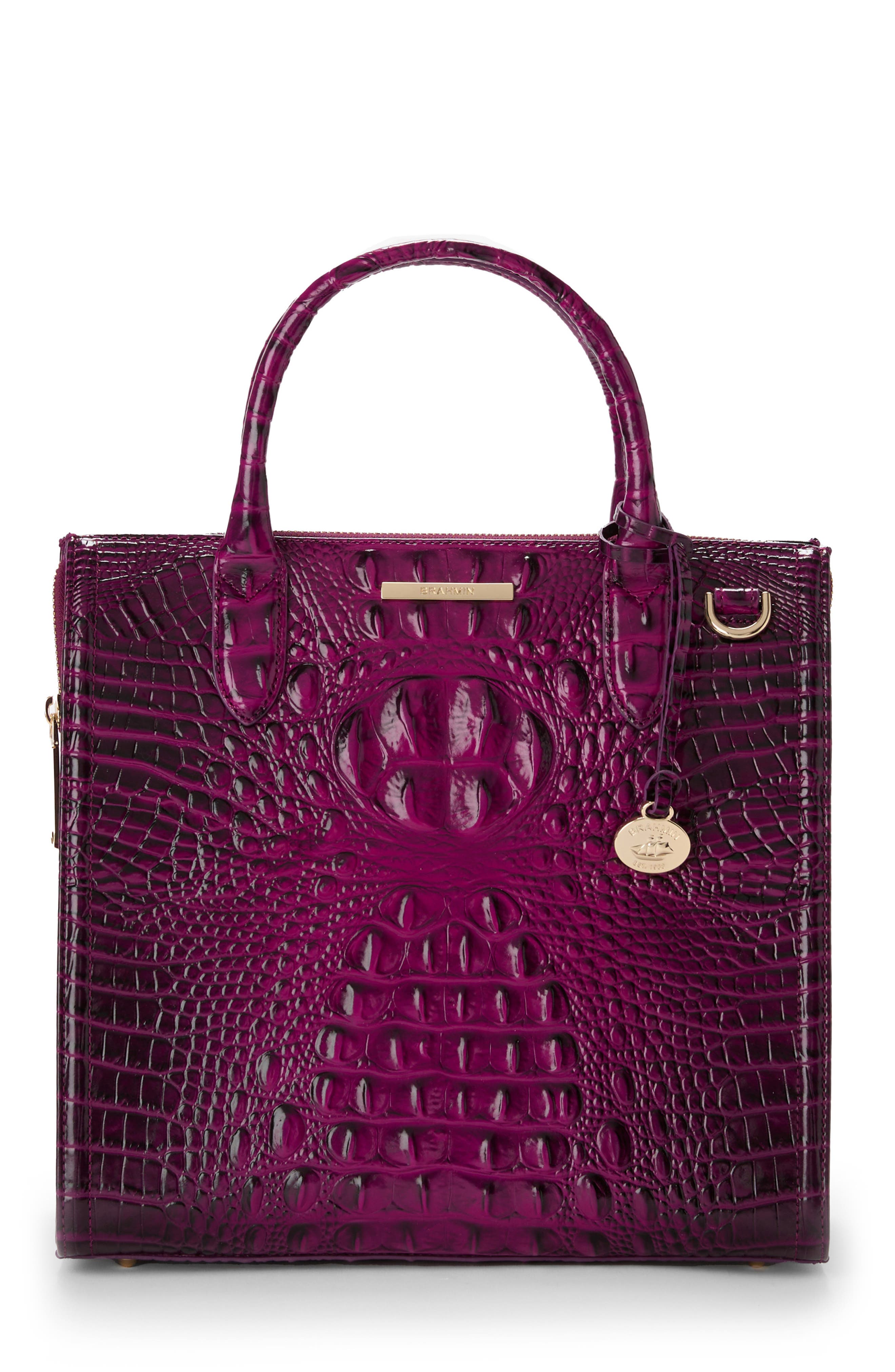 Caroline Croc Embossed Leather Satchel, Main, color, SUGAR PLUM