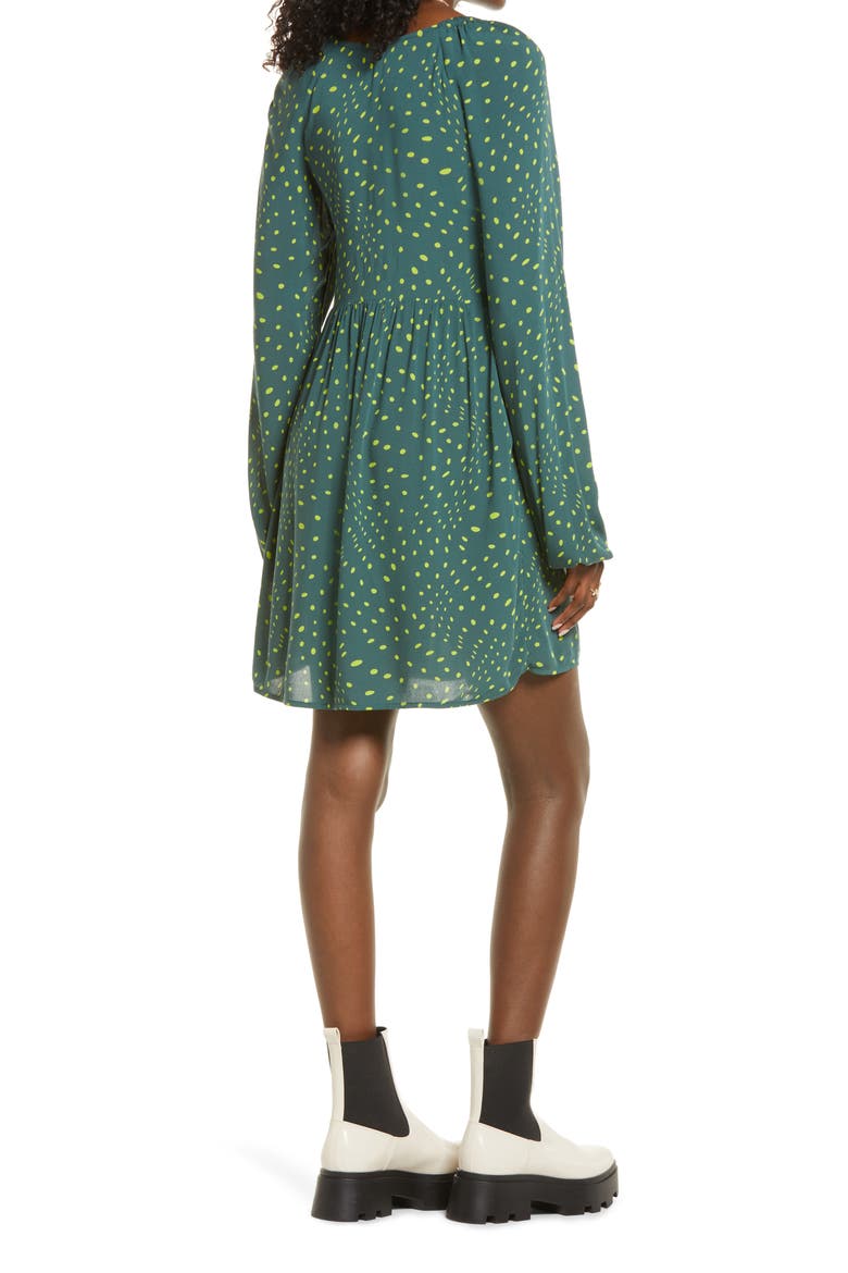 V-Neck Long Sleeve Babydoll Minidress, Alternate, color, GREEN MOSS WARPY DOT