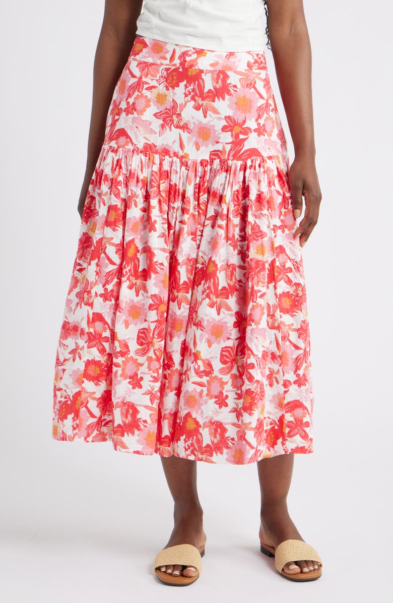 Caslon<sup>®</sup> Cotton Gauze Midi Skirt, Main, color, Ivory- Coral Palm Floral