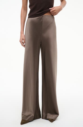 Staud Stroll Wide Leg Stretch Silk Pants In Truffle