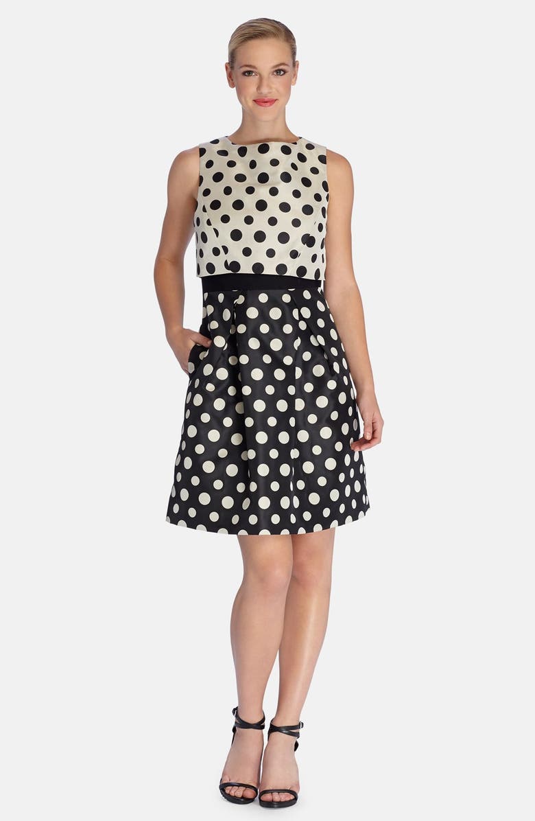 Tahari Polka Dot Jacquard Popover Fit & Flare Dress, Main, color, 