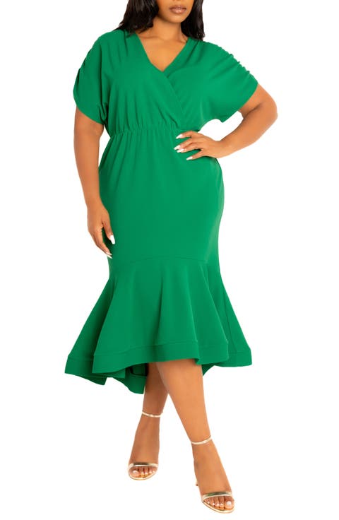 Wrap Front Flounce Hem High-Low Mermaid Midi Dress (Plus)