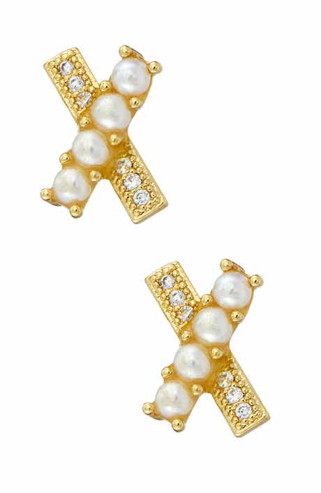 SAVVY CIE JEWELS Imitation Pearl & Crystal X Stud Earrings