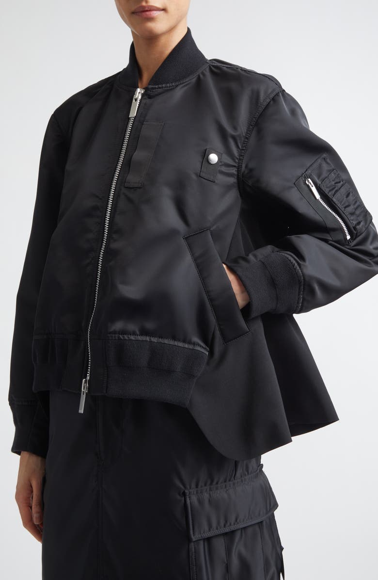 Sacai Mixed Media Nylon Twill & Wool Bomber Jacket, Alternate, color, Black